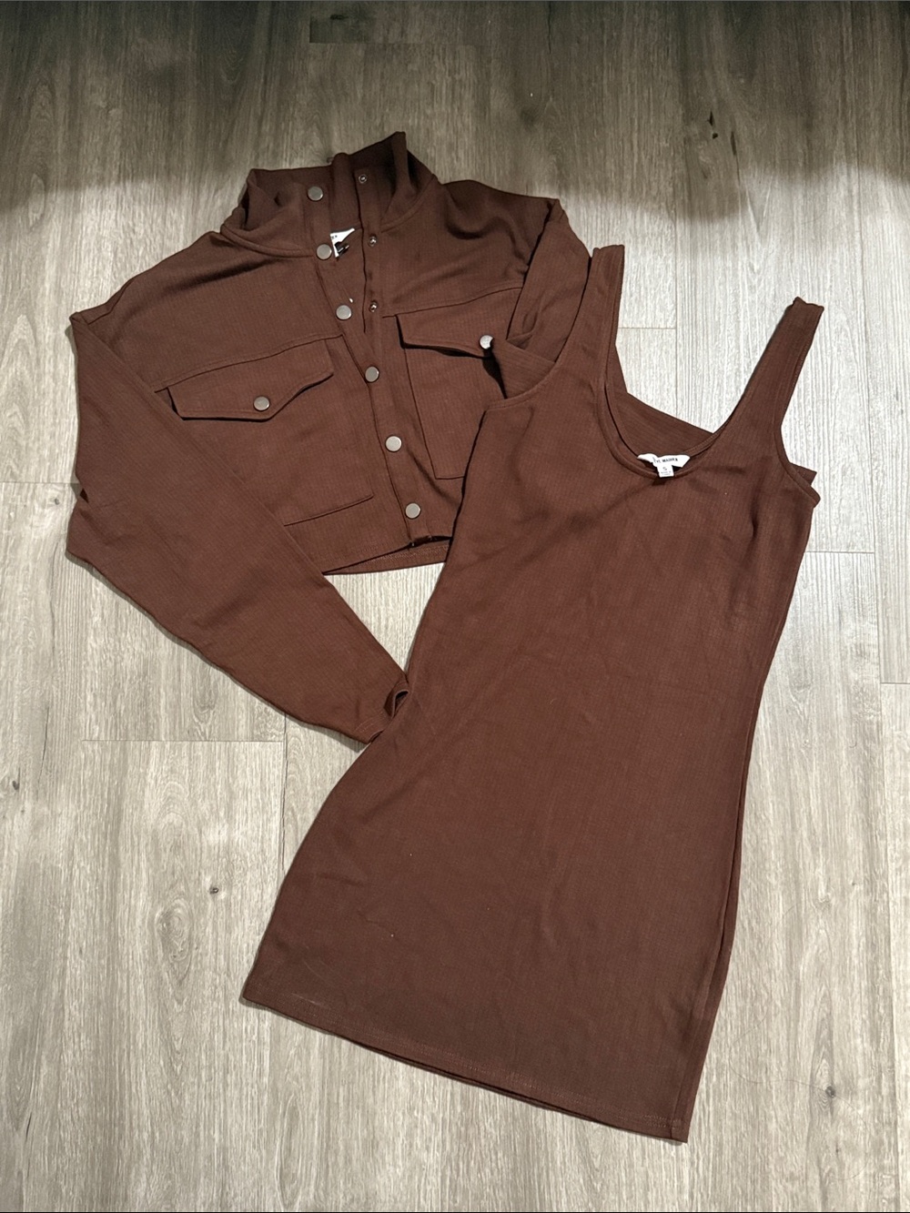 Brown Ribbed Tank Mini Dress with Matching Jacket - Unknown Brand